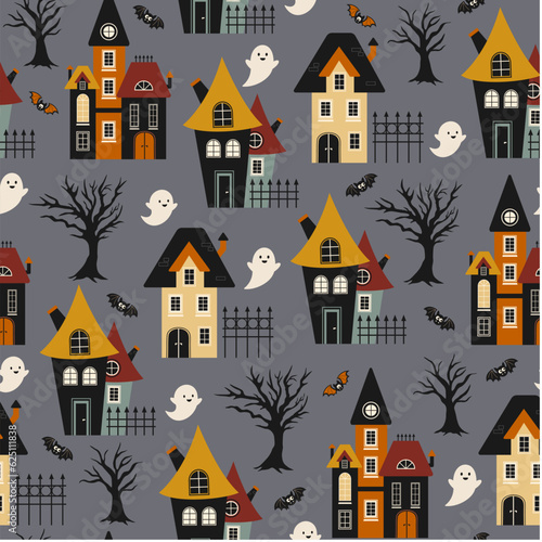 Halloween seamless pattern. Vector illustration of Halloween party. Ghosts, trees, bat and houses on a dark background. Vector cartoon seamless pattern.