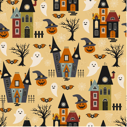 Halloween seamless pattern. Vector illustration of Halloween party. Pumpkins  houses  ghosts  bat and gloomy trees on a yellow background. Vector cartoon seamless pattern.