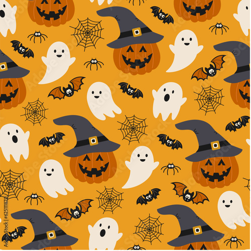 Fototapeta Naklejka Na Ścianę i Meble -  Halloween seamless pattern. Vector illustration of Halloween party. Ghosts, spider web, bat and pumpkins on a yellow background. Vector cartoon seamless pattern.