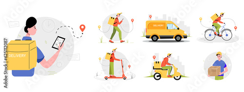 Delivery service collection, food delivery, fast food, courier service illustrations. illustration isolated on white background.