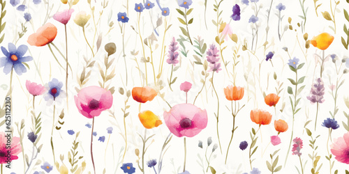 Floral meadow, watercolor seamless pattern with abstract wildflowers, summer colorful illustration on ivory background in provence style