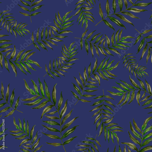 Watercolor seamless pattern with palm leaves. Beautiful allover tropical print with hand drawn exotic plants. Swimwear botanical design. 
