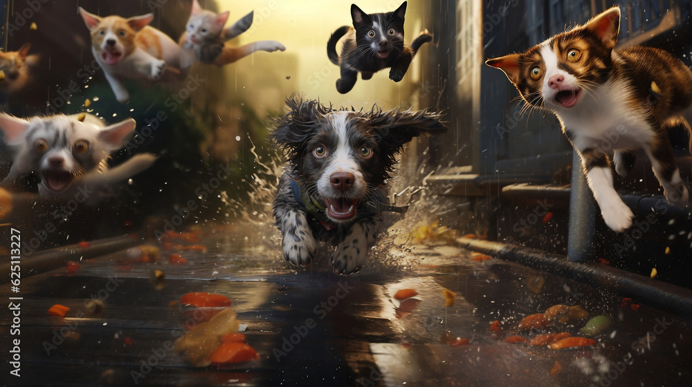 It was raining cats and dogs concept. Literally, animals fall out of ...