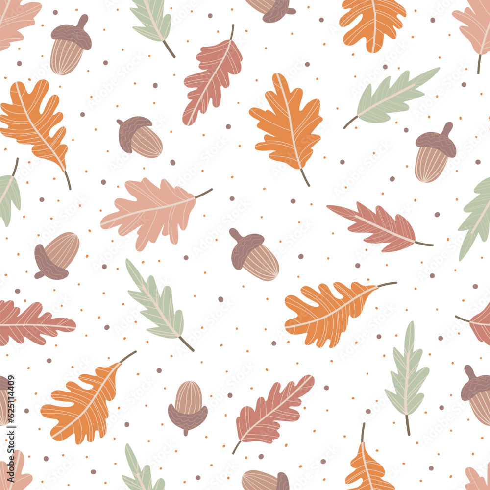 Seamless pattern with oak leaves and acorns. Autumn design.  Modern floral print for fabric, textiles, wrapping paper. Vector illustration