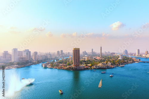 Cairo downtown panorama, view on the Nile, Gezira island and bridges, Egypt