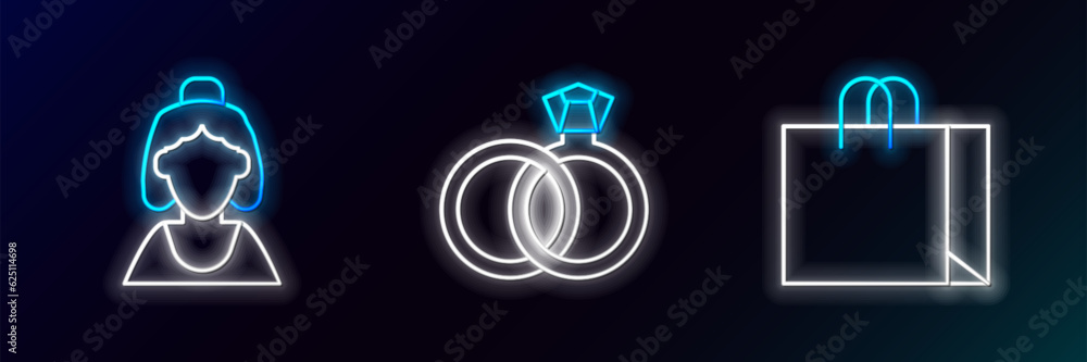 Set line Shopping bag jewelry, Consultant of store and Wedding rings icon. Glowing neon. Vector Set line Shopping bag jewelry, Consultant of store and Wedding rings icon. Glowing neon. Vector