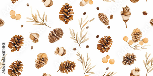 Floral seamless pattern with cones and acorns, watercolor illustration isolated on white background in minimalism style for autumn print, Christmas, New Year textile or wrapping paper for gifts