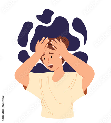 Intrusive thoughts,unwanted unpleasant ideas in mind.Psychology concept.Stressed,Anxious person suffering from obsession,anxiety,worrying,concerning.Flat vector illustration isolated,white background photo