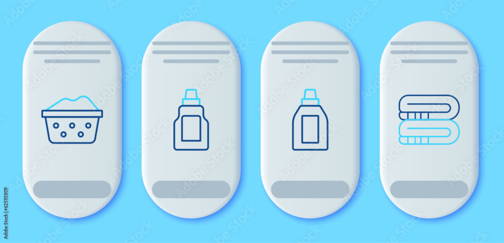 Set line Bottle for cleaning agent, Basin with soap suds and Towel stack icon. Vector