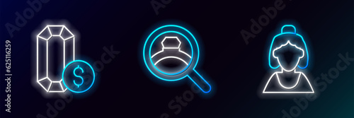 Set line Consultant of jewelry store, Jewelry online shopping and Diamond engagement ring icon. Glowing neon. Vector