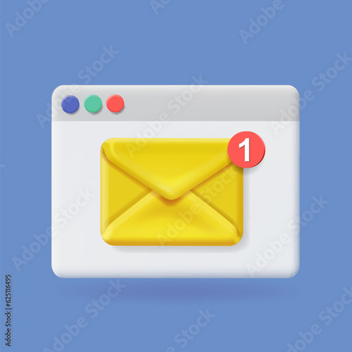 New email notice on browser screen. Mail receiving, Yellow envelope, new message notification, electronic mail, 3d vector simple icon © lightgirl
