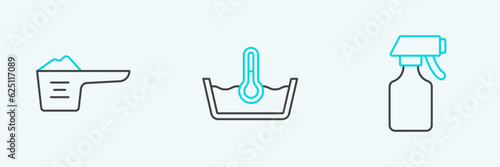 Set line Water spray bottle, Washing powder and Temperature wash icon. Vector