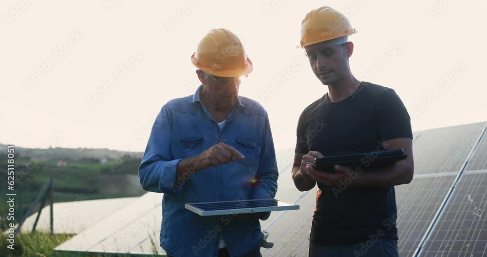 Engineers working at solar panels factory outdoor during sunset time - Photovoltaic, renewable green energy and environmental concept Engineers working at solar panels factory outdoor during sunset time - Photovoltaic, renewable green energy and environmental concept