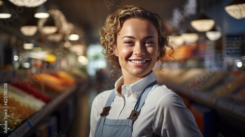 Smiling store employee. Retail store, grocery store, bakery, pharmacy with apron working in market.