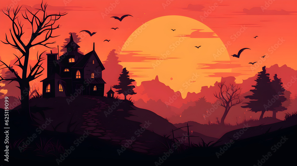 Mystical Haunted Mansion in a Creepy Night Sky Halloween Background generative ai