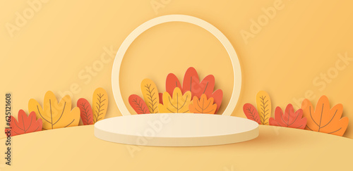 Paper cut of white cylinder podium, geometric shapes with autumn landscape for products display presentation. Vector illustration