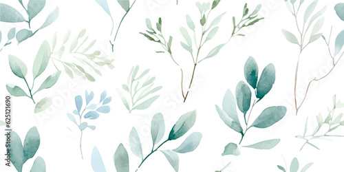 Watercolor seamless pattern with winter branches  leaves eucalyptus and Christmas twigs. Tender floral green illustration on white background in vintage style