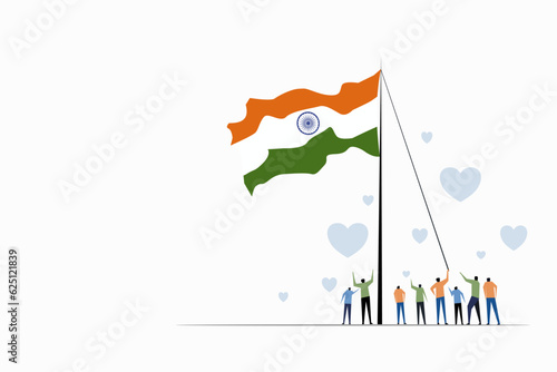 Illustration of people hoisting the Indian tricolour flag