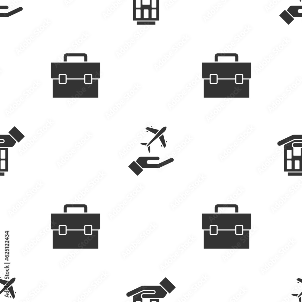 Set House in hand, Plane and Briefcase on seamless pattern. Vector