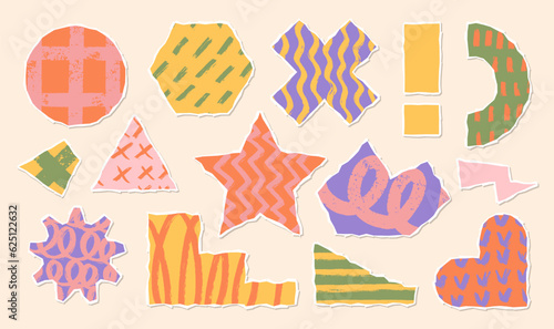 Collage art with vintage paper ellement. Torned craft notebook shapes with abstract textured illustration. Zine culture. Vector rough design.