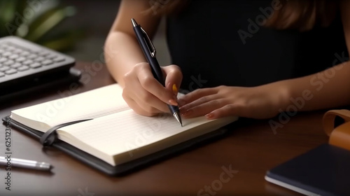person writing on a notebook made with generative AI