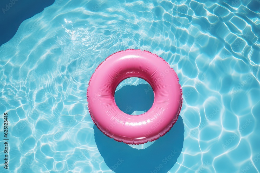 Inflatable buoy ring, kids pink lifebuoy on swimming pool, view from above - obrazy, fototapety, plakaty 