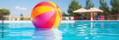 Colorful beach ball on swimming pool water, inflatable summer vacation toy, closeup. Banner