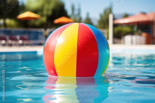 Colorful beach ball on swimming pool water  inflatable summer vacation toy  closeup