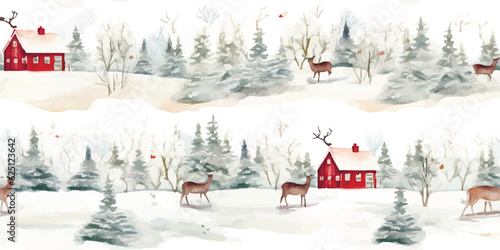 Winter landscape with red country house, trees, deer and hares. Christmas watercolor seamless pattern for print invitation or greeting cards, textile of symbols winter vacation in cottage on nature.