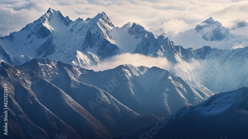 panorama landscape of mountains snowy peaks of rocks in fog and clouds. Generative AI