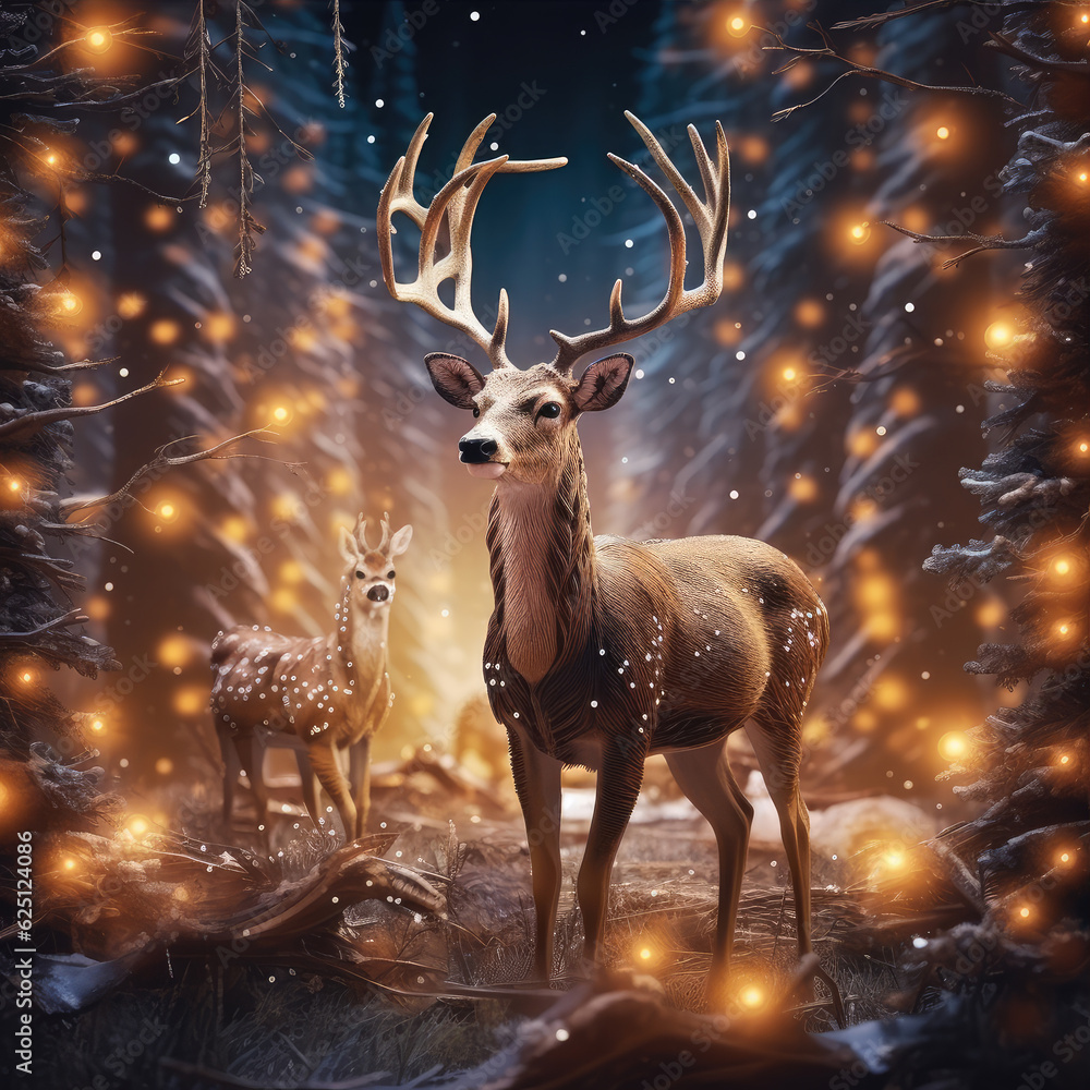 Noble deer male in winter snow forest. Artistic winter christmas landscape. Generative AI technology Noble deer male in winter snow forest. Artistic winter christmas landscape. Generative AI technology