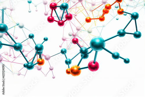 An image of a network of molecules on a white backdrop, with labels indicating chemical formulas and bond types Generative AI photo