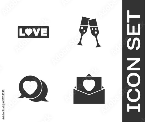 Set Envelope with Valentine heart, Love text, Heart speech bubble and Glass of champagne icon. Vector