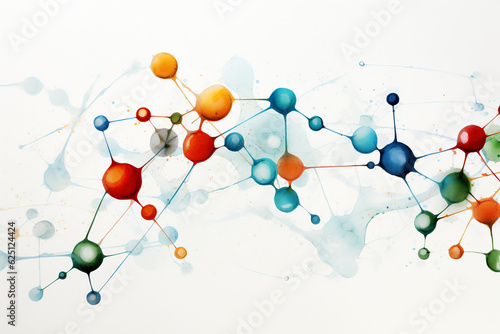 A picture of a network of molecules on a white background, with vibrant colors, illustrating diverse molecular species Generative AI photo
