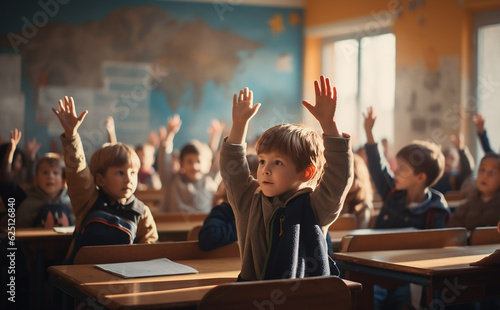 learning and education, children's development, knowledge, and young students raise their hands to ask for opinions. generative AI