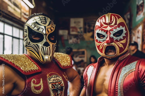 Two masked Lucha libre wrestlers before the fight. Mexican Luchadores are preparing for the fight. Generated by AI photo