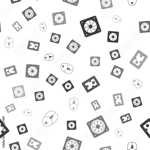 Set Computer cooler, , Hard disk drive HDD and mouse on seamless pattern. Vector
