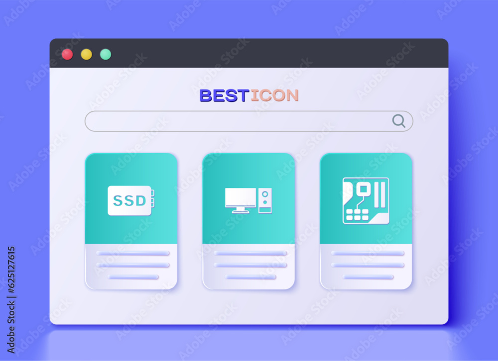Set Computer monitor, SSD card and Motherboard digital chip icon. Vector Set Computer monitor, SSD card and Motherboard digital chip icon. Vector