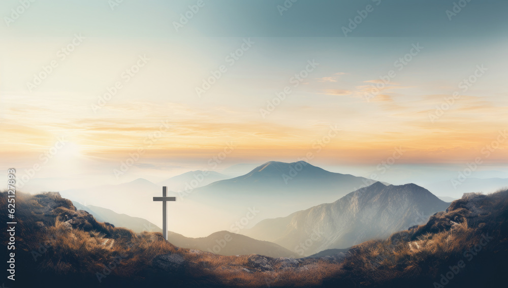 Religious cross on a hilltop at sunset - AI Generated