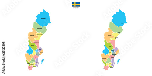 Two Sweden maps background with regions, region names and cities in color, flag. Sweden map isolated on white background. Vector illustration map europe