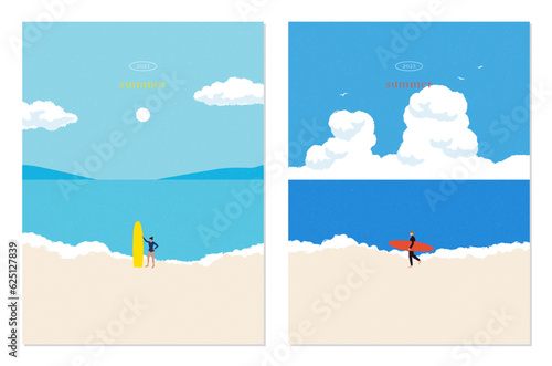 Abstract coloful landscape poster collection. Set of Contemporary art beach print templates. Nature background for social media. Sun, sea, ocean, surfer. Trendy flat design. Simple vector illustration
