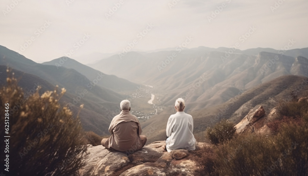 Fototapeta premium Elderly senior couple sitting on a rock in the mountains, back view, AI generated