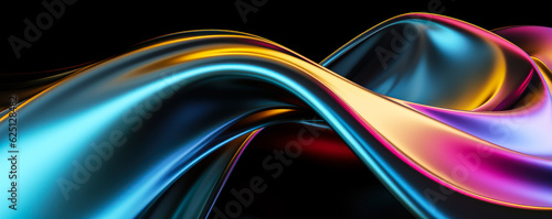 Abstract dark holographic iridescent neon background fluid liquid glass curved wave in motion 3d render. Gradient design element for banners, backgrounds, wallpapers and covers