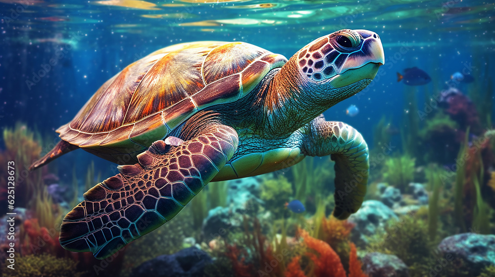 Fototapeta premium Ocean pollution is an ecological catastrophe Plastic bags . A turtle surrounded by debris behind. Generative Ai.