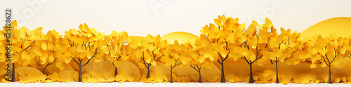 a row of yellow trees on a white background 3d graphics narrow long panorama. Generative AI