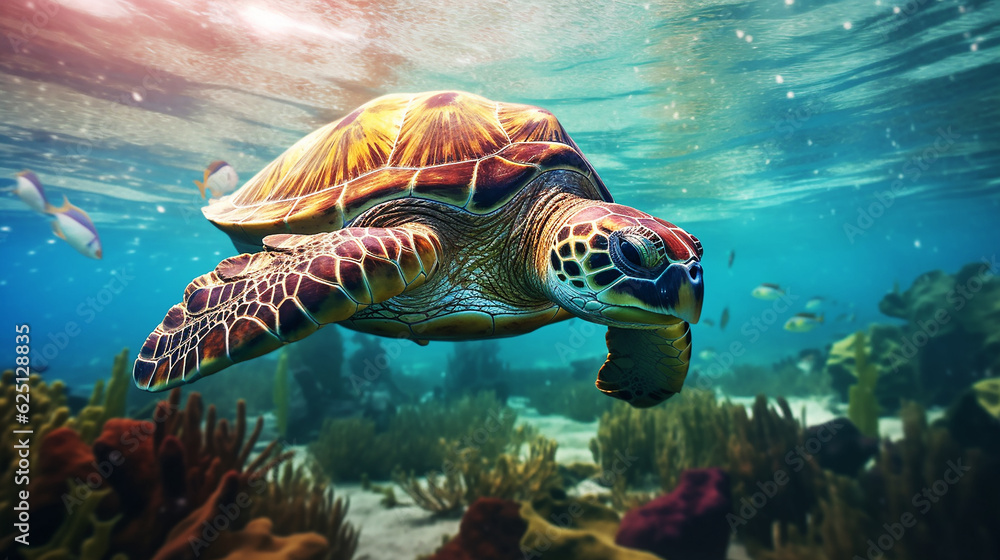 Fototapeta premium Ocean pollution is an ecological catastrophe Plastic bags . A turtle surrounded by debris behind. Generative Ai.