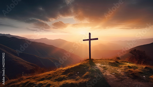 Religious cross on a hilltop at sunset - AI Generated © mbruxelle