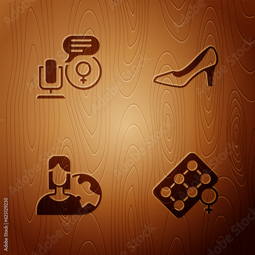 Set Packaging of birth control pills, Microphone, Women from different countries and Woman shoe on wooden background. Vector