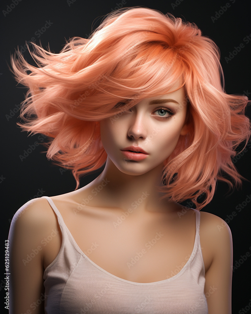 Schönes Frauen Gesicht mit moderner Frisur und fliegenden Haaren Nahaufnahme, ai generativ Schönes Frauen Gesicht mit moderner Frisur und fliegenden Haaren Nahaufnahme, ai generativ