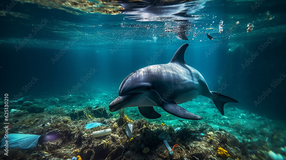 A dolphin trapped in a plastic bag in the ocean. Environmental Protection/ Generative ai/